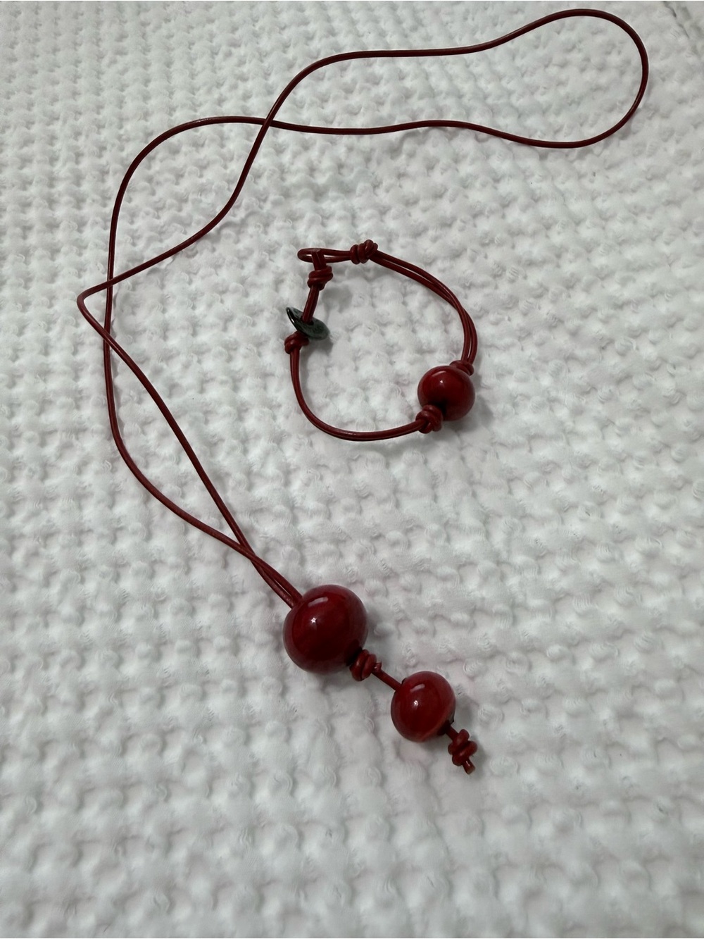 Handcrafted Red Bead Pendant Necklace and Bracelet Set